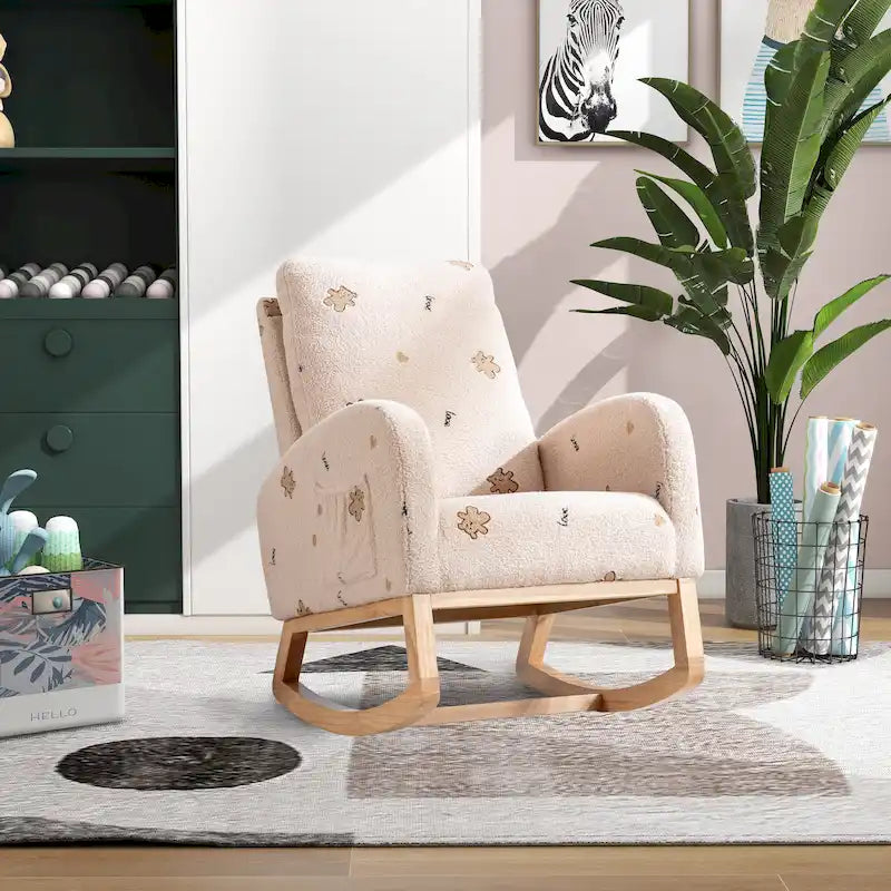 Fauteuil à bascule moderne rembourré avec poche latérale, chaise de chambre d'enfant en bois à dossier haut