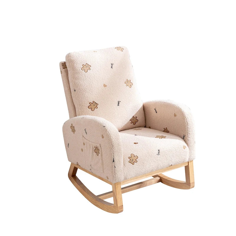 Fauteuil à bascule moderne rembourré avec poche latérale, chaise de chambre d'enfant en bois à dossier haut