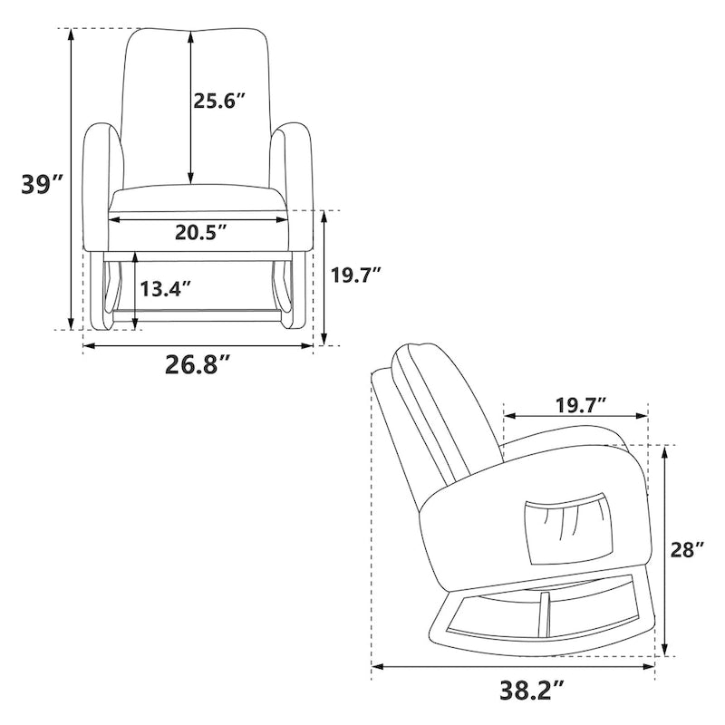 Fauteuil à bascule moderne rembourré avec poche latérale, chaise de chambre d'enfant en bois à dossier haut