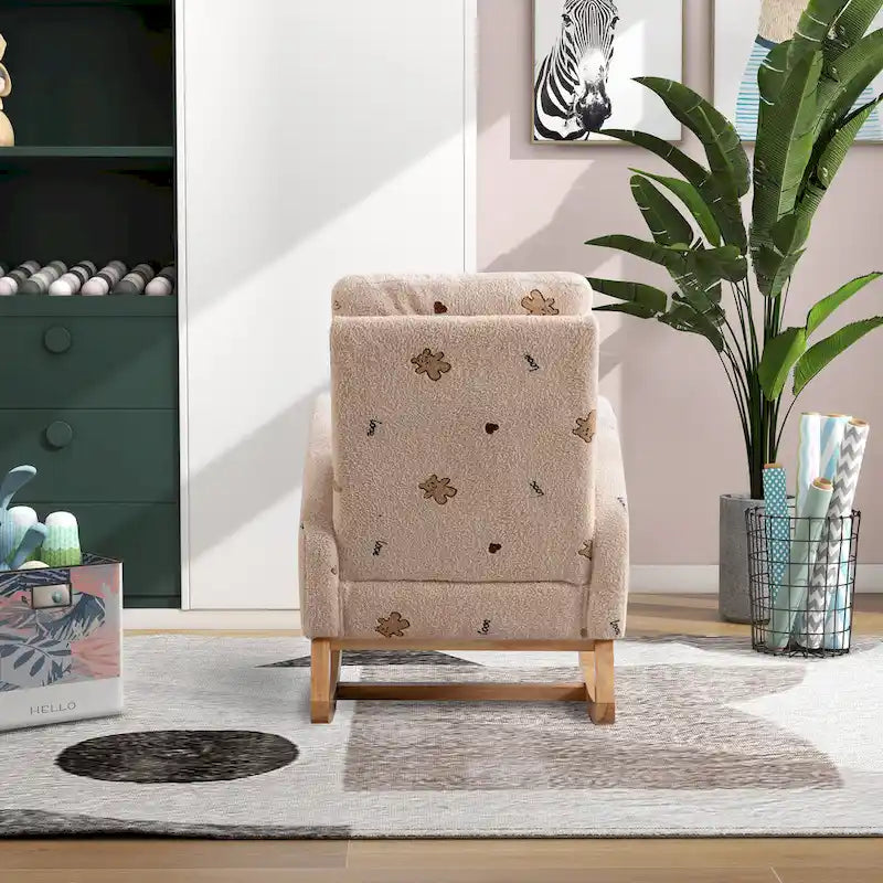 Fauteuil à bascule moderne rembourré avec poche latérale, chaise de chambre d'enfant en bois à dossier haut