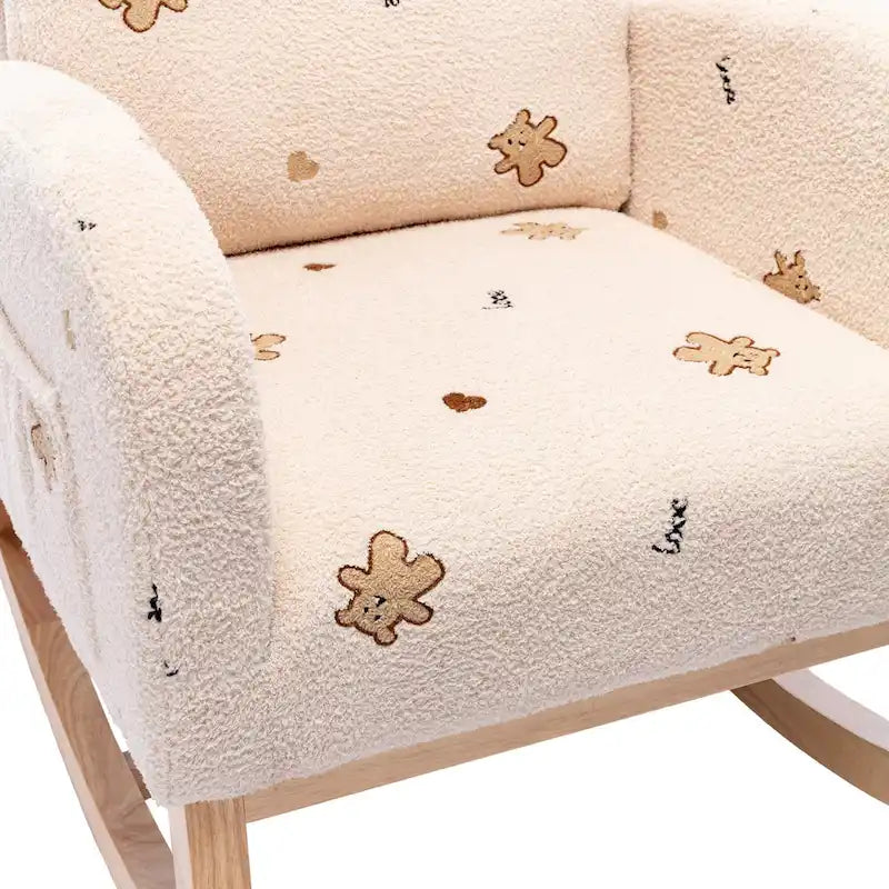 Fauteuil à bascule moderne rembourré avec poche latérale, chaise de chambre d'enfant en bois à dossier haut