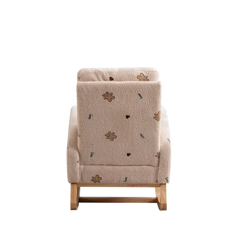 Fauteuil à bascule moderne rembourré avec poche latérale, chaise de chambre d'enfant en bois à dossier haut