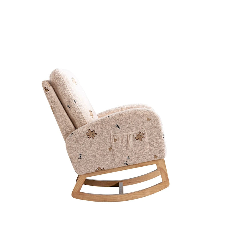 Fauteuil à bascule moderne rembourré avec poche latérale, chaise de chambre d'enfant en bois à dossier haut