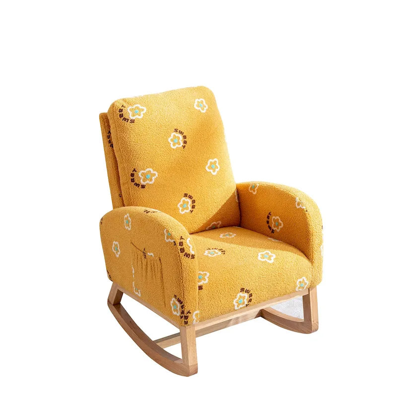 Fauteuil à bascule moderne rembourré avec poche latérale, chaise de chambre d'enfant en bois à dossier haut