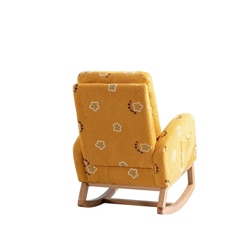 Fauteuil à bascule moderne rembourré avec poche latérale, chaise de chambre d'enfant en bois à dossier haut