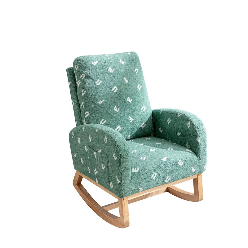 Fauteuil à bascule moderne rembourré avec poche latérale, chaise de chambre d'enfant en bois à dossier haut