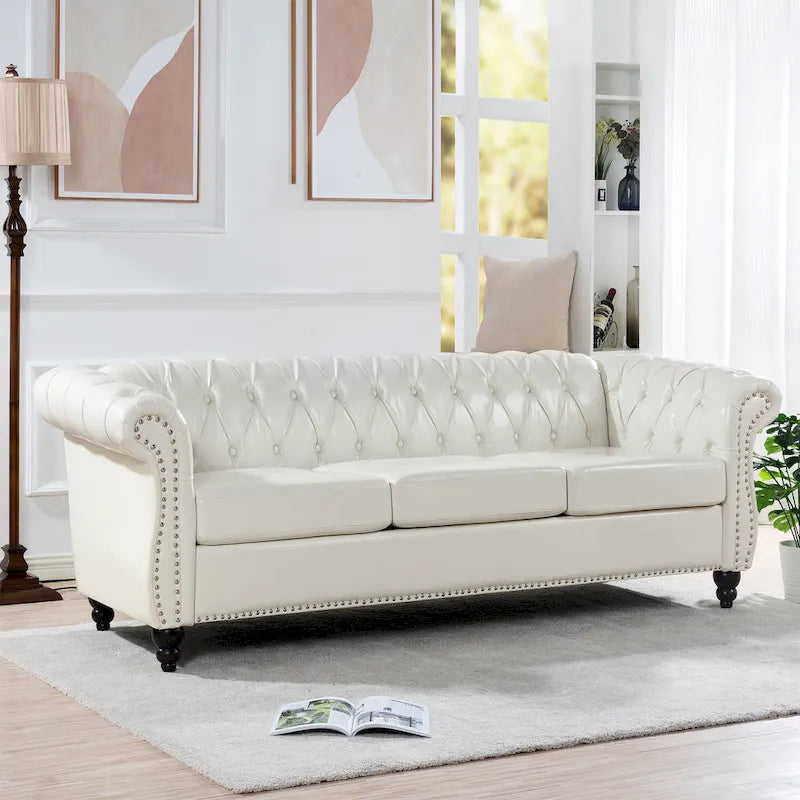 Canapé Chesterfield 3 places en similicuir blanc 84,65 avec dossier capitonné