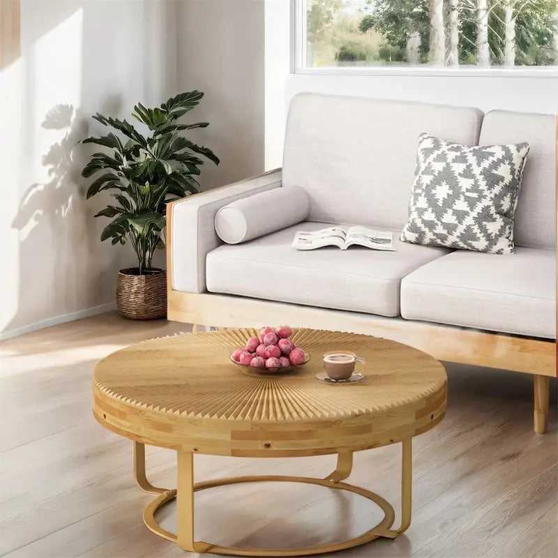 Modern Wood Round Coffee Table with Metal Legs