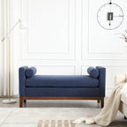 Banc/pouf élégant de 53,5 cm de large, capitonné, avec pieds en bois et coussins cylindriques, idéal pour le pied de lit, la chambre, le salon ou l'entrée.