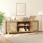 Meuble TV en rotin pour écran 75 pouces, style bohème, avec rangements et portes