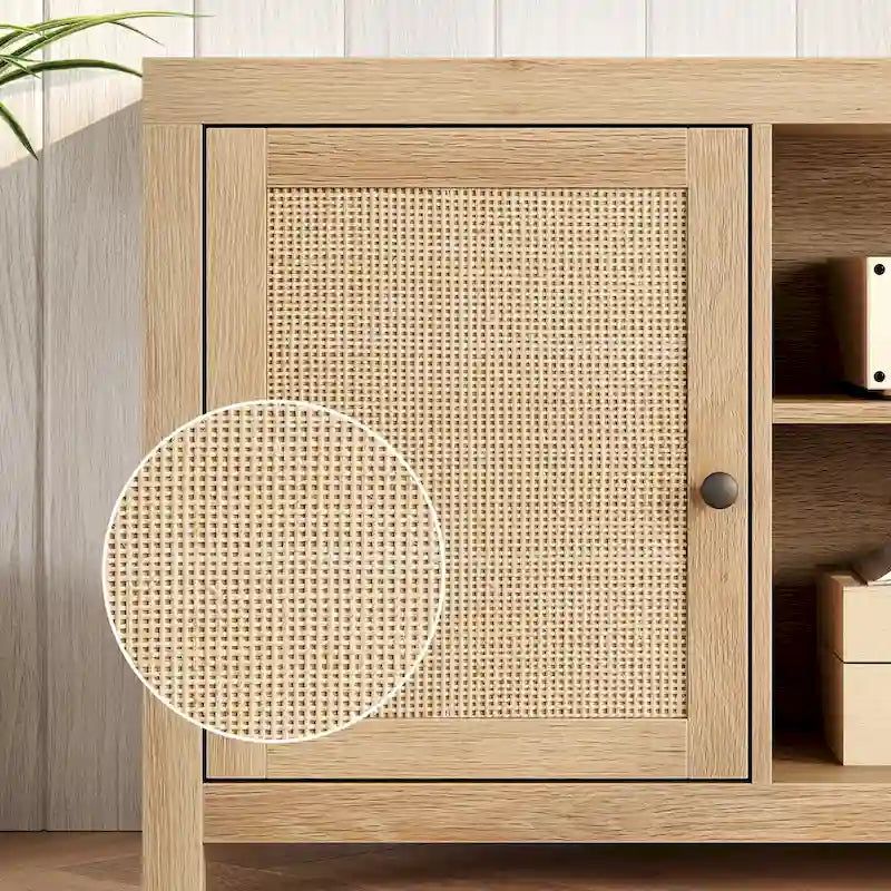 Meuble TV en rotin pour écran 75 pouces, style bohème, avec rangements et portes