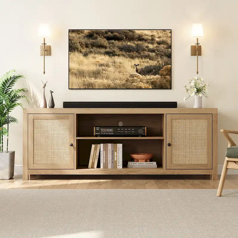 Meuble TV en rotin pour écran 75 pouces, style bohème, avec rangements et portes