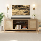 Meuble TV en rotin pour écran 75 pouces, style bohème, avec rangements et portes