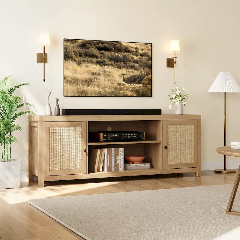 Meuble TV en rotin pour écran 75 pouces, style bohème, avec rangements et portes