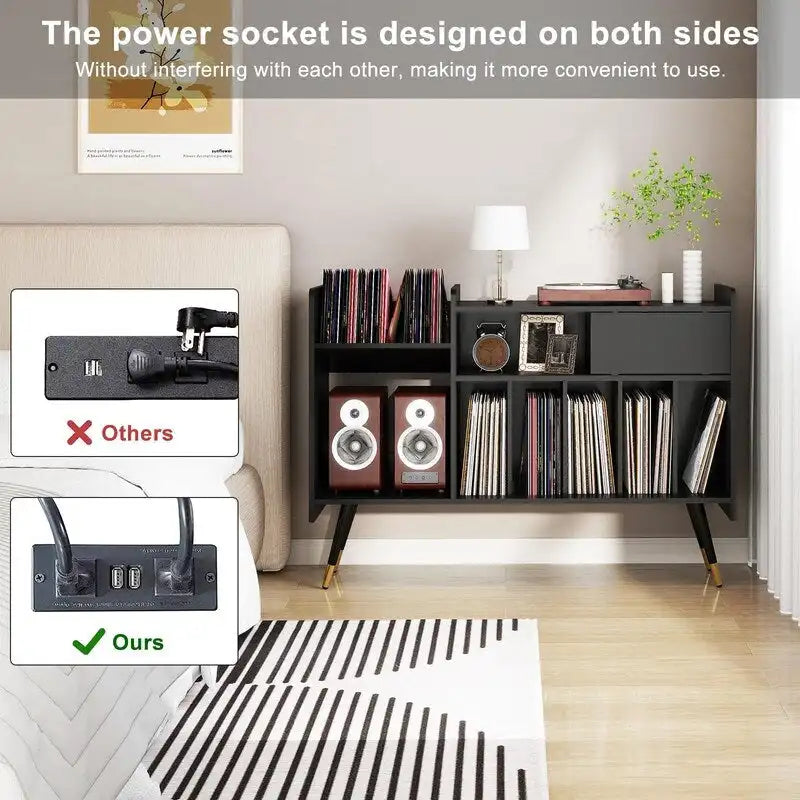 Support pour platine vinyle avec rangement pour disques - 13,78 cm (P) x 47,24 cm (L) x 33,66 cm (H)