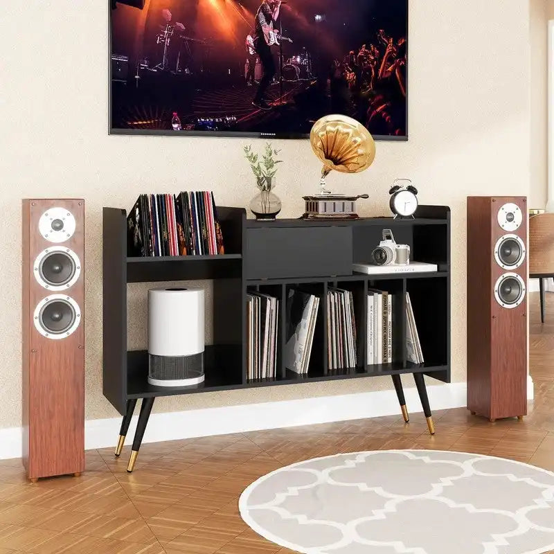 Support pour platine vinyle avec rangement pour disques - 13,78 cm (P) x 47,24 cm (L) x 33,66 cm (H)