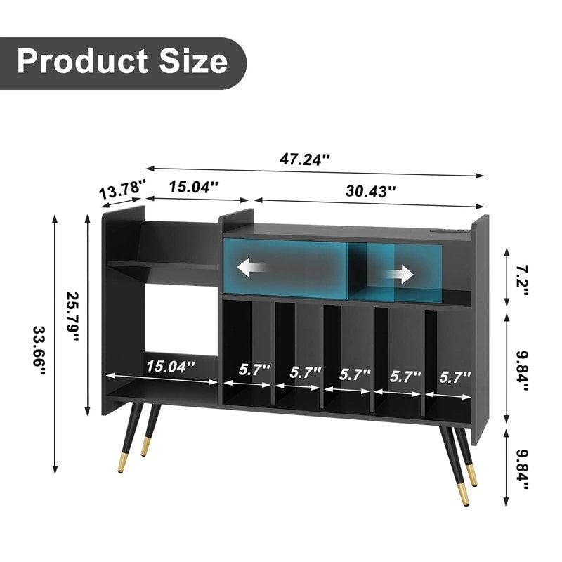 Support pour platine vinyle avec rangement pour disques - 13,78 cm (P) x 47,24 cm (L) x 33,66 cm (H)