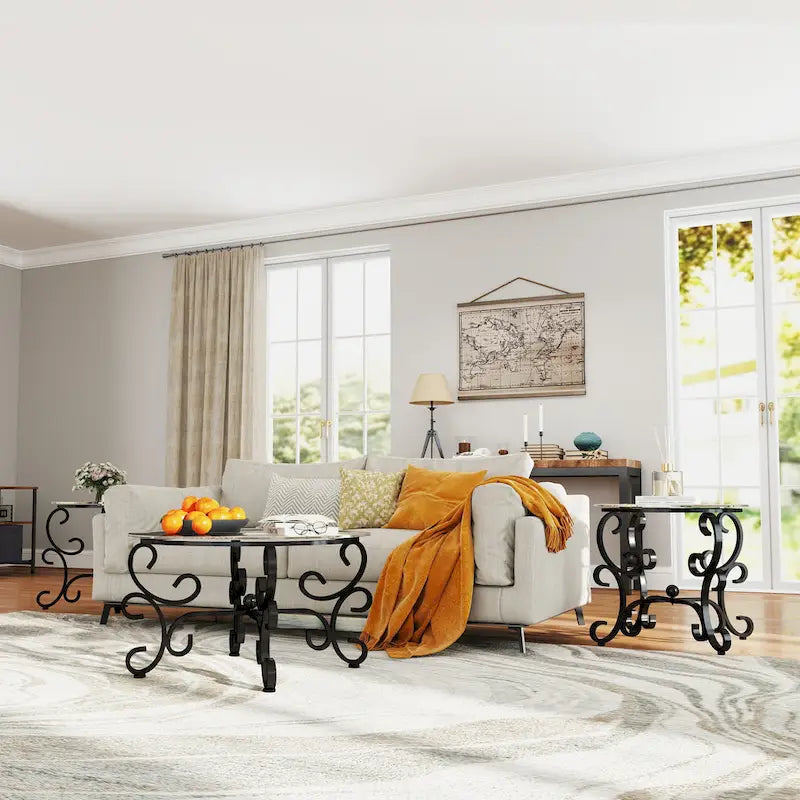 Ensemble de 3 tables basses avec plateau en verre trempé, table d'appoint ronde robuste pour salon
