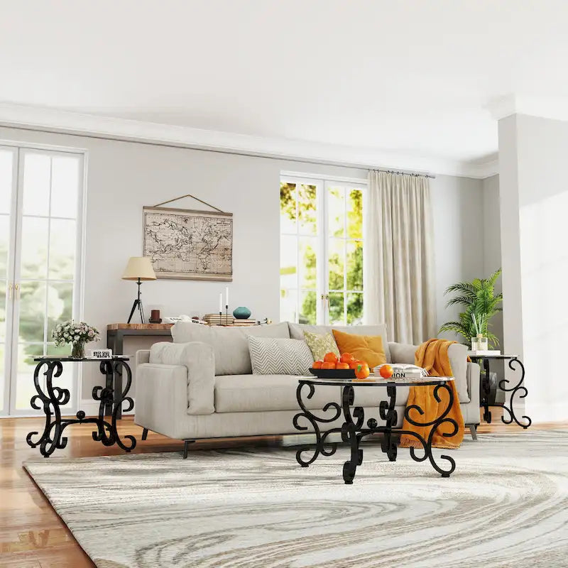 Ensemble de 3 tables basses avec plateau en verre trempé, table d'appoint ronde robuste pour salon