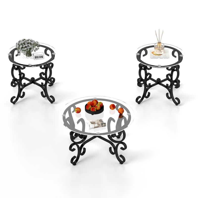 Ensemble de 3 tables basses avec plateau en verre trempé, table d'appoint ronde robuste pour salon