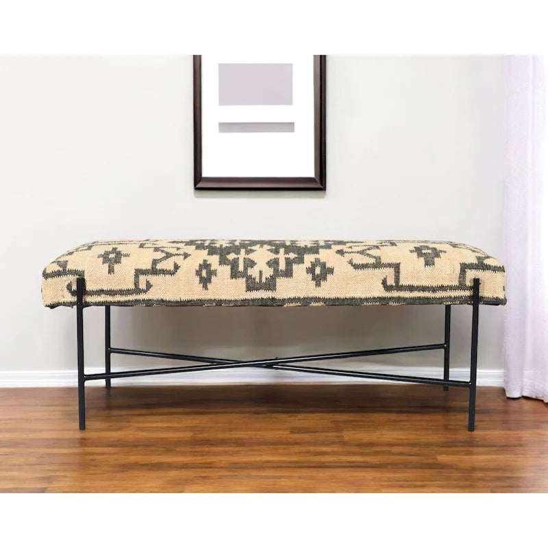 Banc rembourré HomeRoots 48 en mélange de coton crème et noir, style sud-ouest - 122 cm x 46 cm x 41 cm