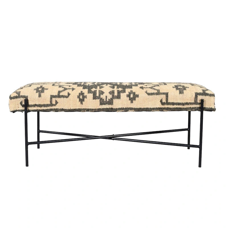 Banc rembourré HomeRoots 48 en mélange de coton crème et noir, style sud-ouest - 122 cm x 46 cm x 41 cm