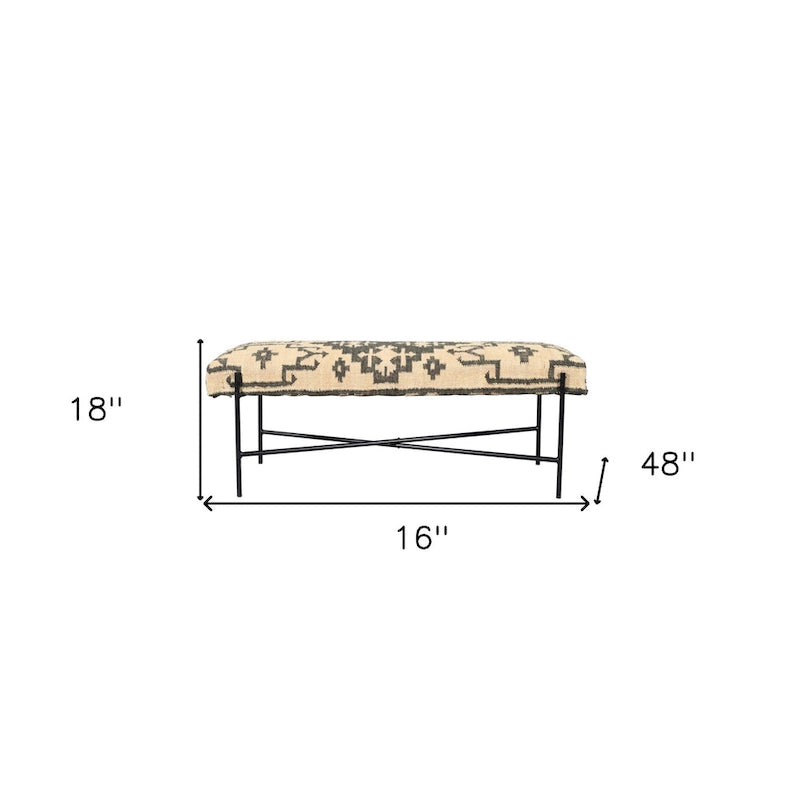 Banc rembourré HomeRoots 48 en mélange de coton crème et noir, style sud-ouest - 122 cm x 46 cm x 41 cm