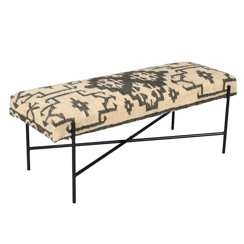 Banc rembourré HomeRoots 48 en mélange de coton crème et noir, style sud-ouest - 122 cm x 46 cm x 41 cm