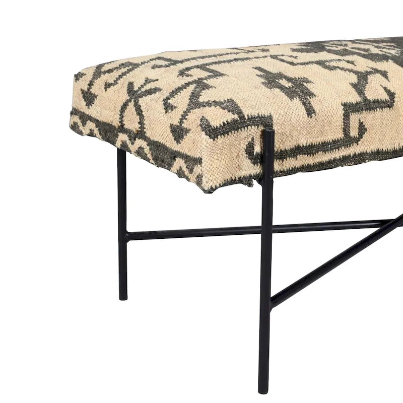 Banc rembourré HomeRoots 48 en mélange de coton crème et noir, style sud-ouest - 122 cm x 46 cm x 41 cm