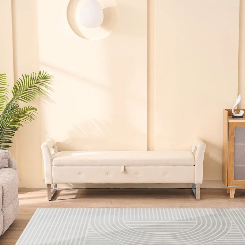 Banc de rangement en velours de 67,91 cm de large avec accoudoirs pour salon, entrée et chambre.