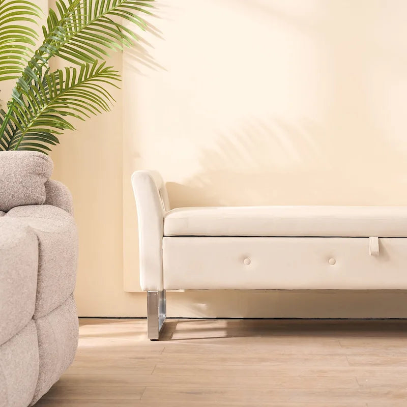 Banc de rangement en velours de 67,91 cm de large avec accoudoirs pour salon, entrée et chambre.