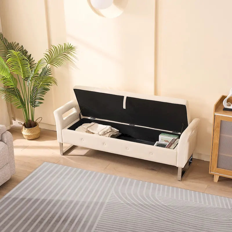 Banc de rangement en velours de 67,91 cm de large avec accoudoirs pour salon, entrée et chambre.