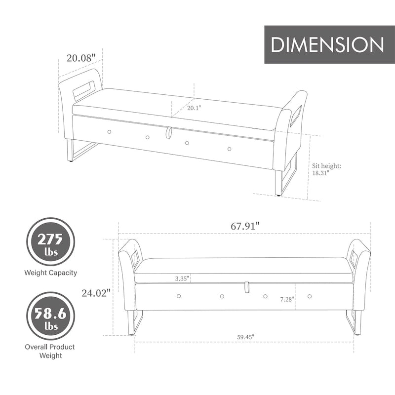 Banc de rangement en velours de 67,91 cm de large avec accoudoirs pour salon, entrée et chambre.