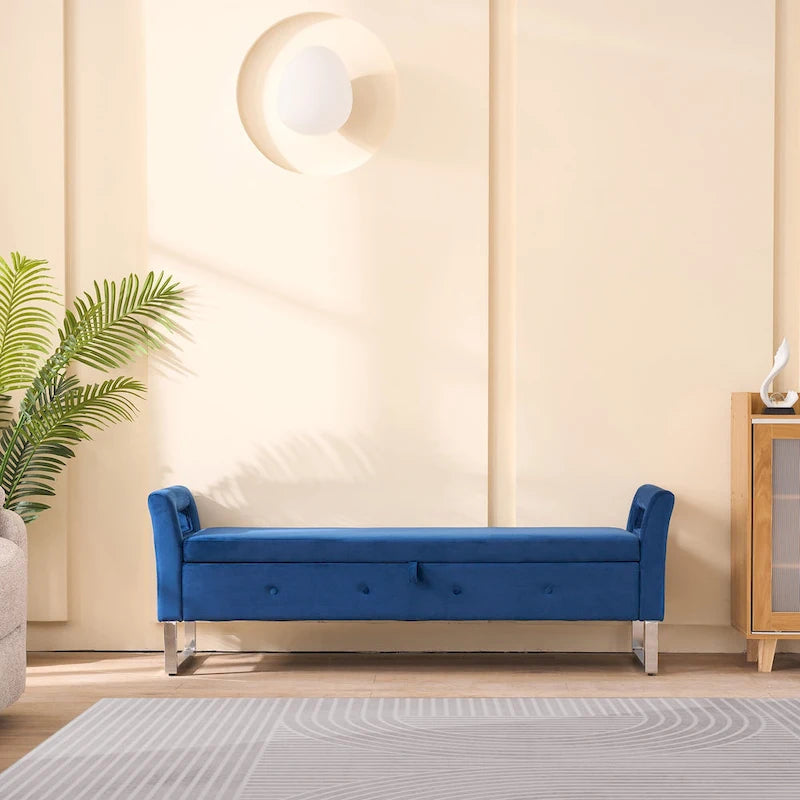 Banc de rangement en velours de 67,91 cm de large avec accoudoirs pour salon, entrée et chambre.
