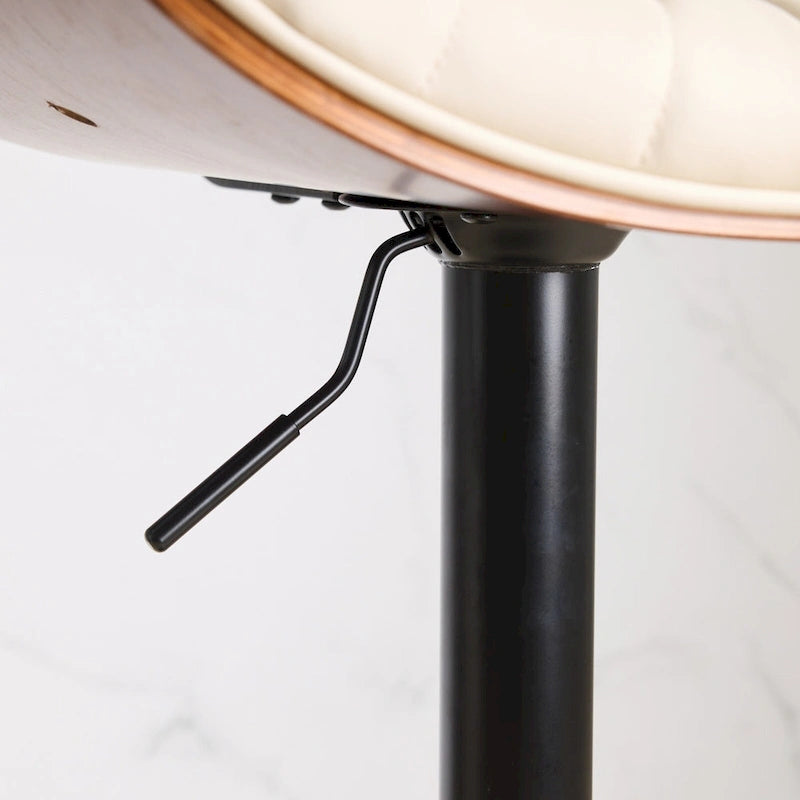 Ensemble moderne de 2 tabourets de bar pivotants avec dossier en cuir, assise rembourrée, base chromée et hauteur réglable, pour îlot de cuisine