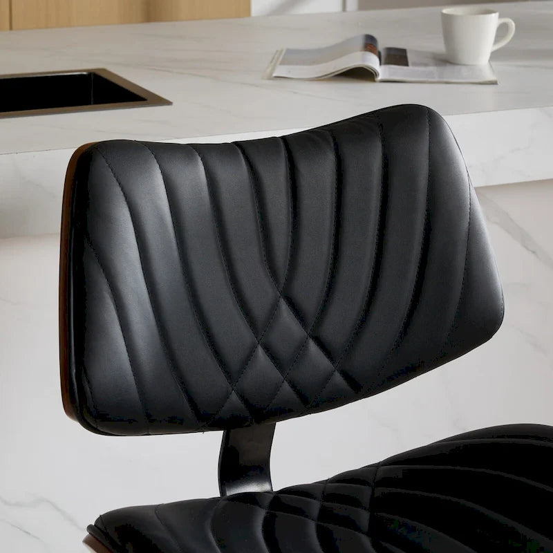 Ensemble moderne de 2 tabourets de bar pivotants avec dossier en cuir, assise rembourrée, base chromée et hauteur réglable, pour îlot de cuisine