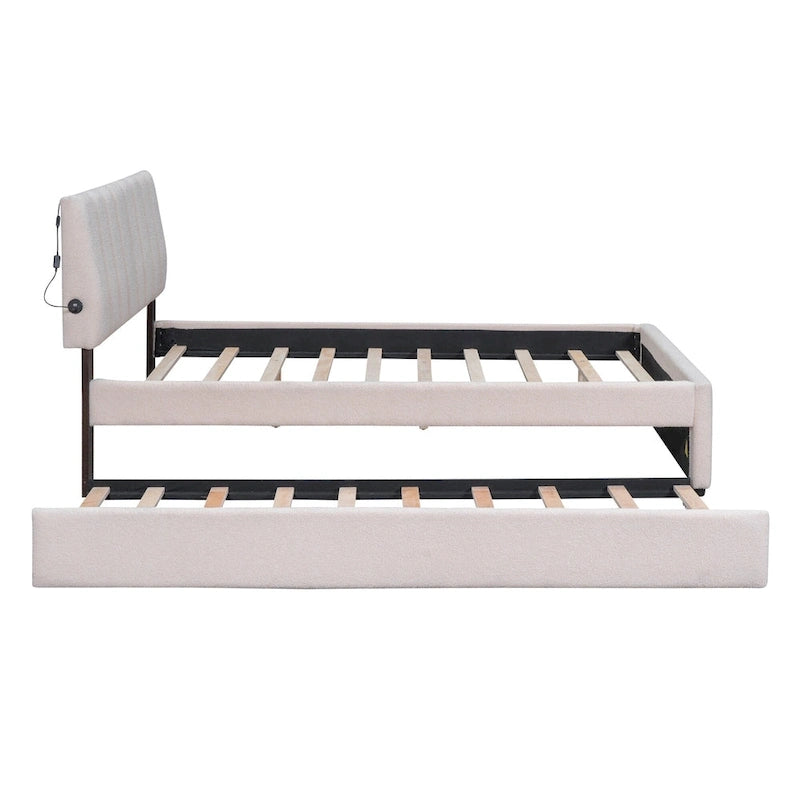 Lit plateforme double en polaire teddy avec lit gigogne, cadre de lit rembourré et tête de lit capitonnée, lit superposé, gain de place, montage facile