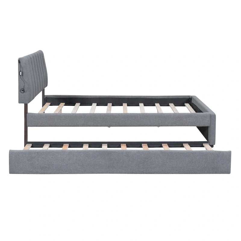 Lit plateforme double en polaire teddy avec lit gigogne, cadre de lit rembourré et tête de lit capitonnée, lit superposé, gain de place, montage facile