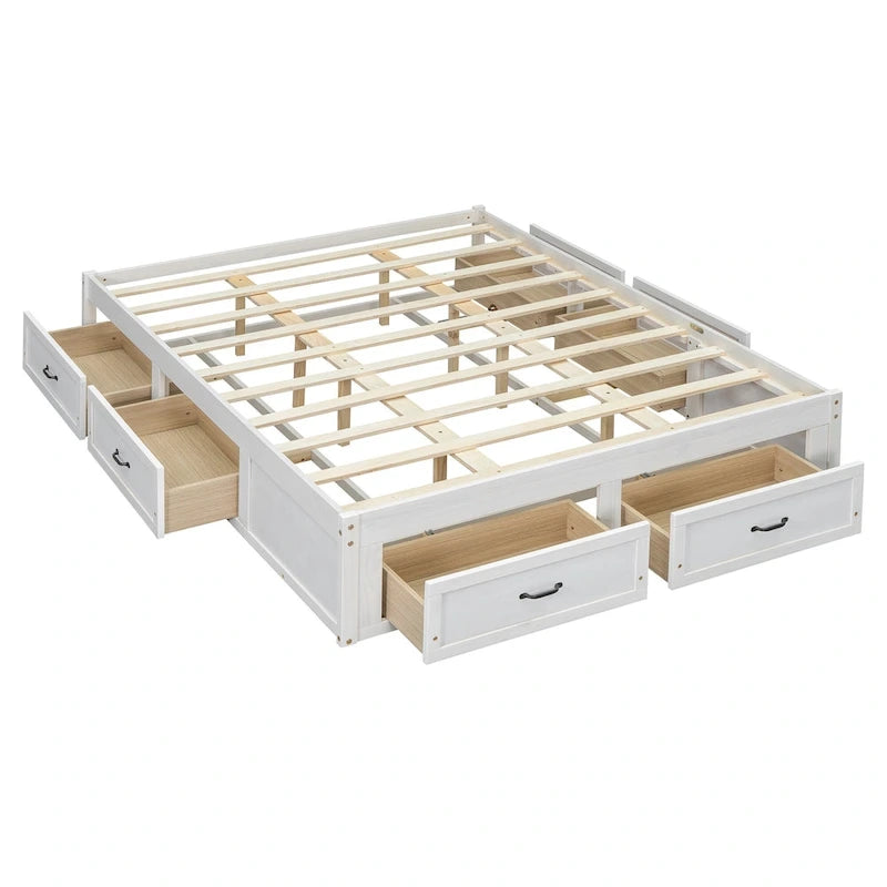 Lit plateforme Queen Size avec 6 tiroirs de rangement, blanc antique, design élégant pour une chambre bien rangée