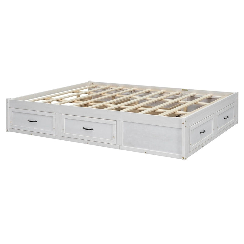 Lit plateforme Queen Size avec 6 tiroirs de rangement, blanc antique, design élégant pour une chambre bien rangée