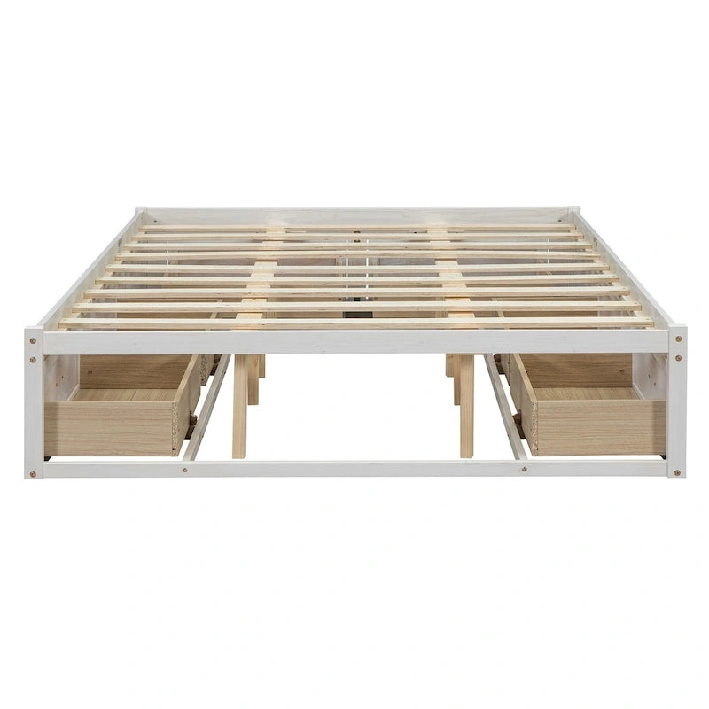 Lit plateforme Queen Size avec 6 tiroirs de rangement, blanc antique, design élégant pour une chambre bien rangée