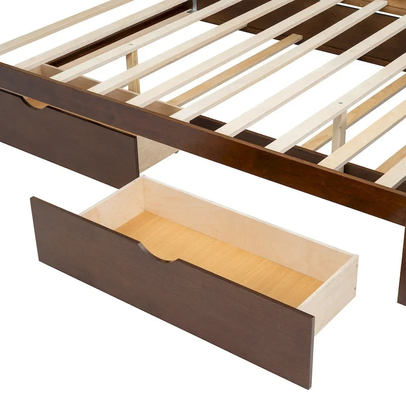 Lit Queen Size en rotin avec tête de lit, deux tiroirs de rangement et lit gigogne, couleur noyer