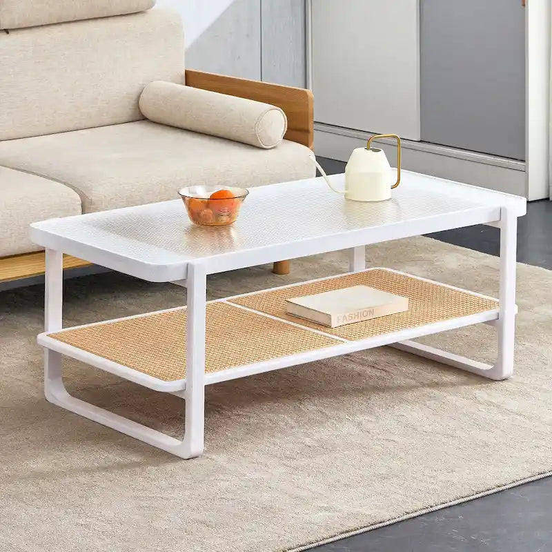 White Double-Layer Coffee Table, Glass Tabletop Imitation Rattan Side Table, Rectangular Solid Wood Table for Living Room