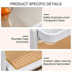 Table basse blanche à double plateau, table d'appoint rectangulaire en bois massif avec plateau en verre et imitation rotin, idéale pour le salon.