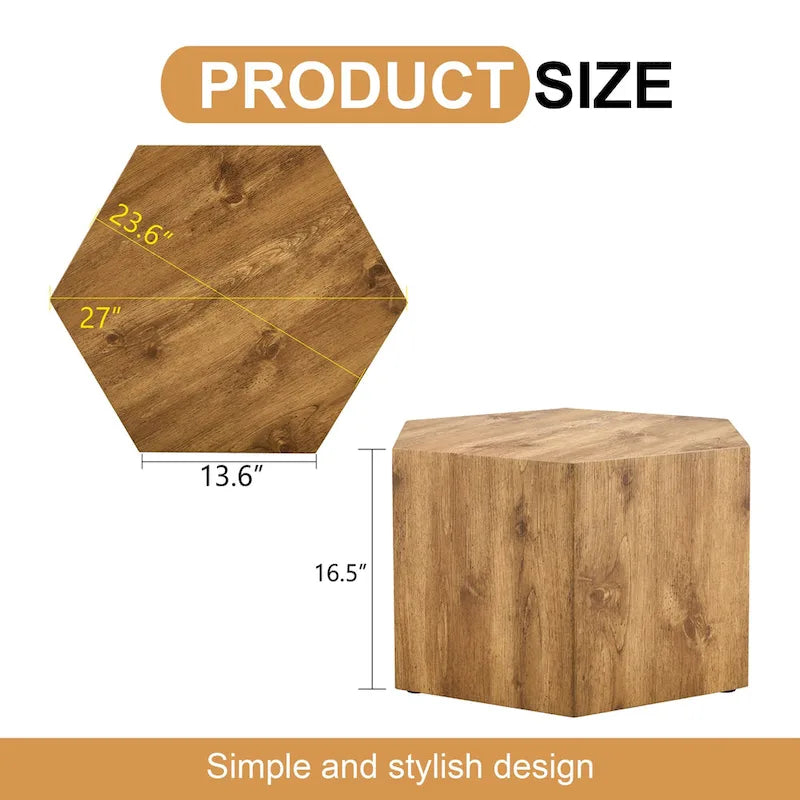 Table basse hexagonale texturée avec patins antidérapants, idéale pour les petits espaces de salon.