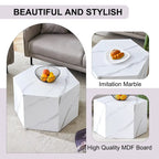 Table basse hexagonale texturée avec patins antidérapants, idéale pour les petits espaces de salon.