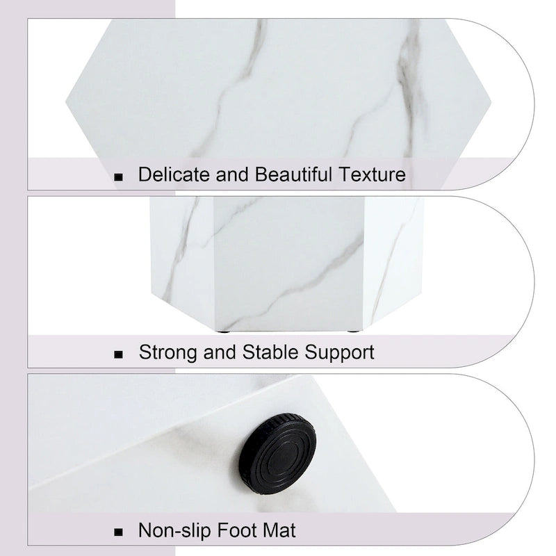 Table basse hexagonale texturée avec patins antidérapants, idéale pour les petits espaces de salon.