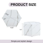 Table basse hexagonale texturée avec patins antidérapants, idéale pour les petits espaces de salon.