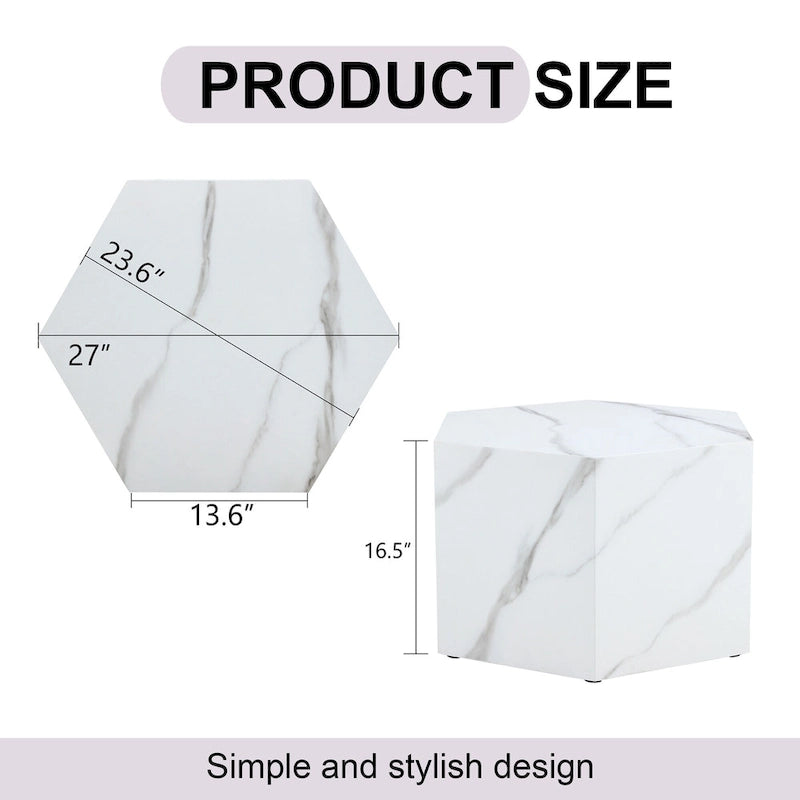 Table basse hexagonale texturée avec patins antidérapants, idéale pour les petits espaces de salon.