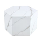 Table basse hexagonale texturée avec patins antidérapants, idéale pour les petits espaces de salon.